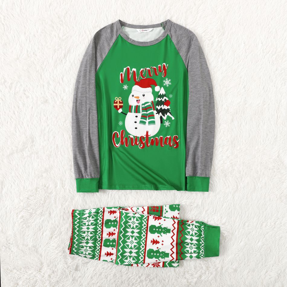 Christmas Snowman and Letters Print Green Family Matching Long-sleeve Pajamas Sets (Flame Resistant) Green big image 4