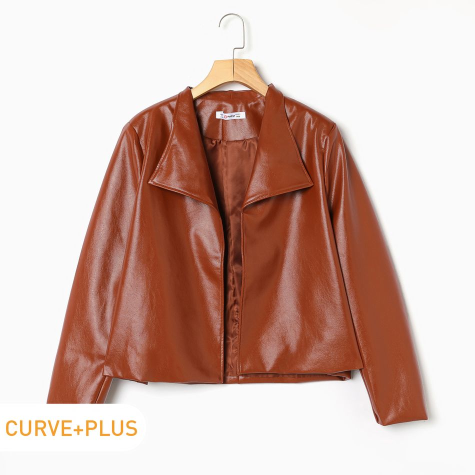 Women Plus Size Elegant Lapel Collar Open Front Faux Leather Jacket Brown
