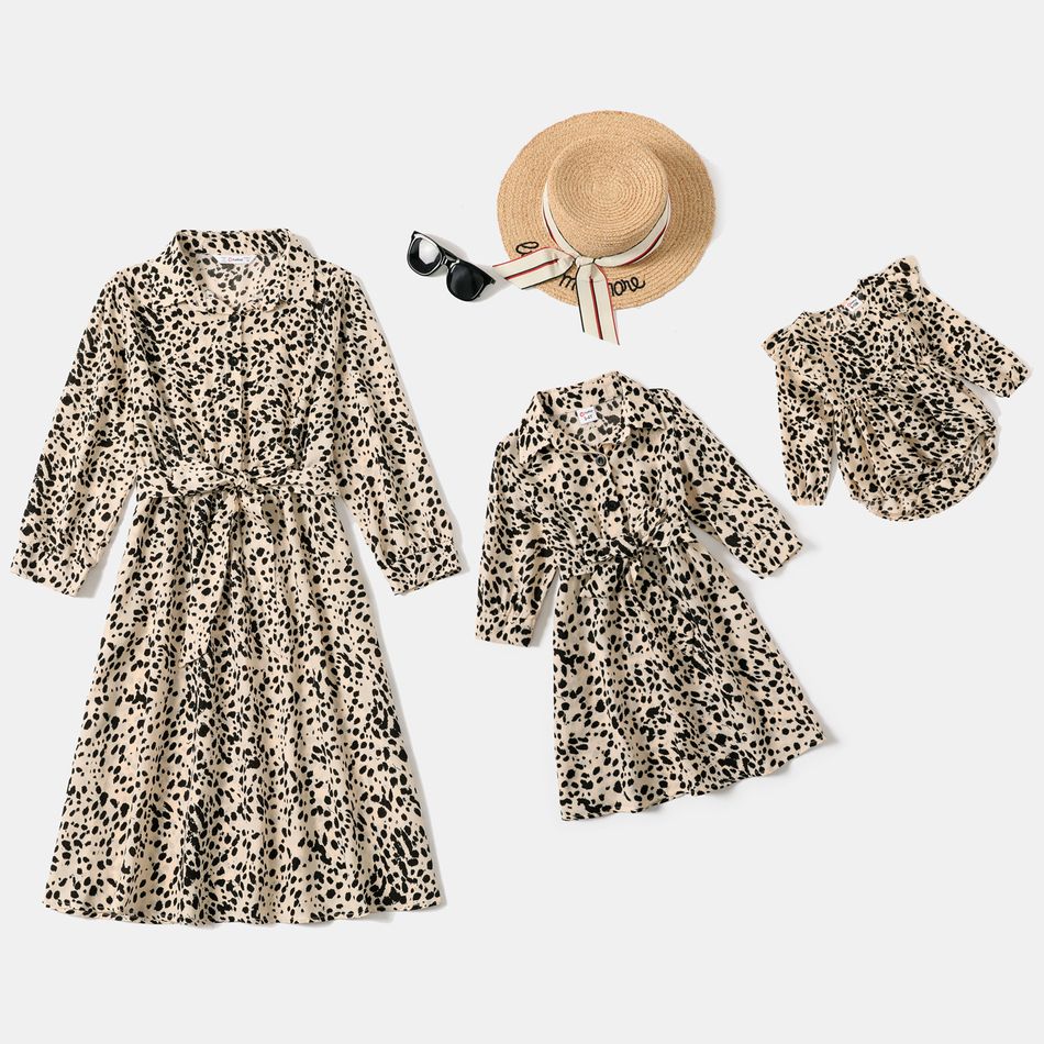 All Over Leopard Lapel Button Down Belted Long-sleeve Dress for Mom and Me HS