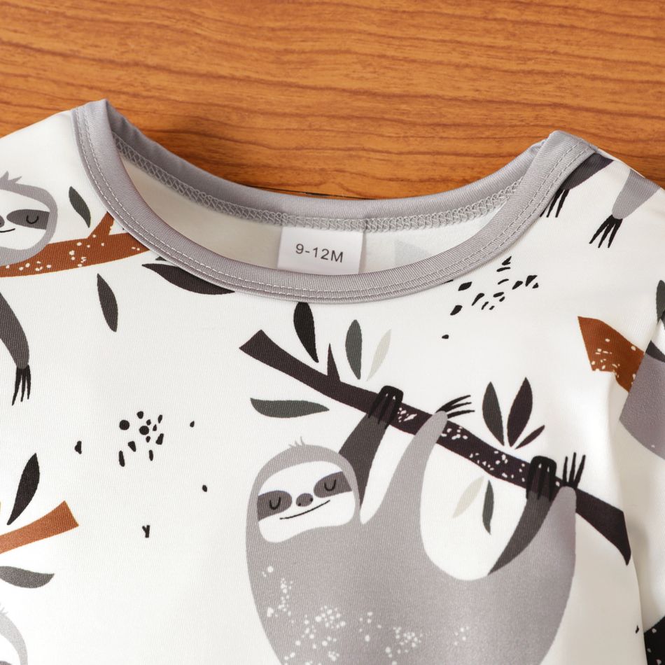 Baby Boy All Over Cartoon Sloth Print White Long-sleeve Jumpsuit White big image 2