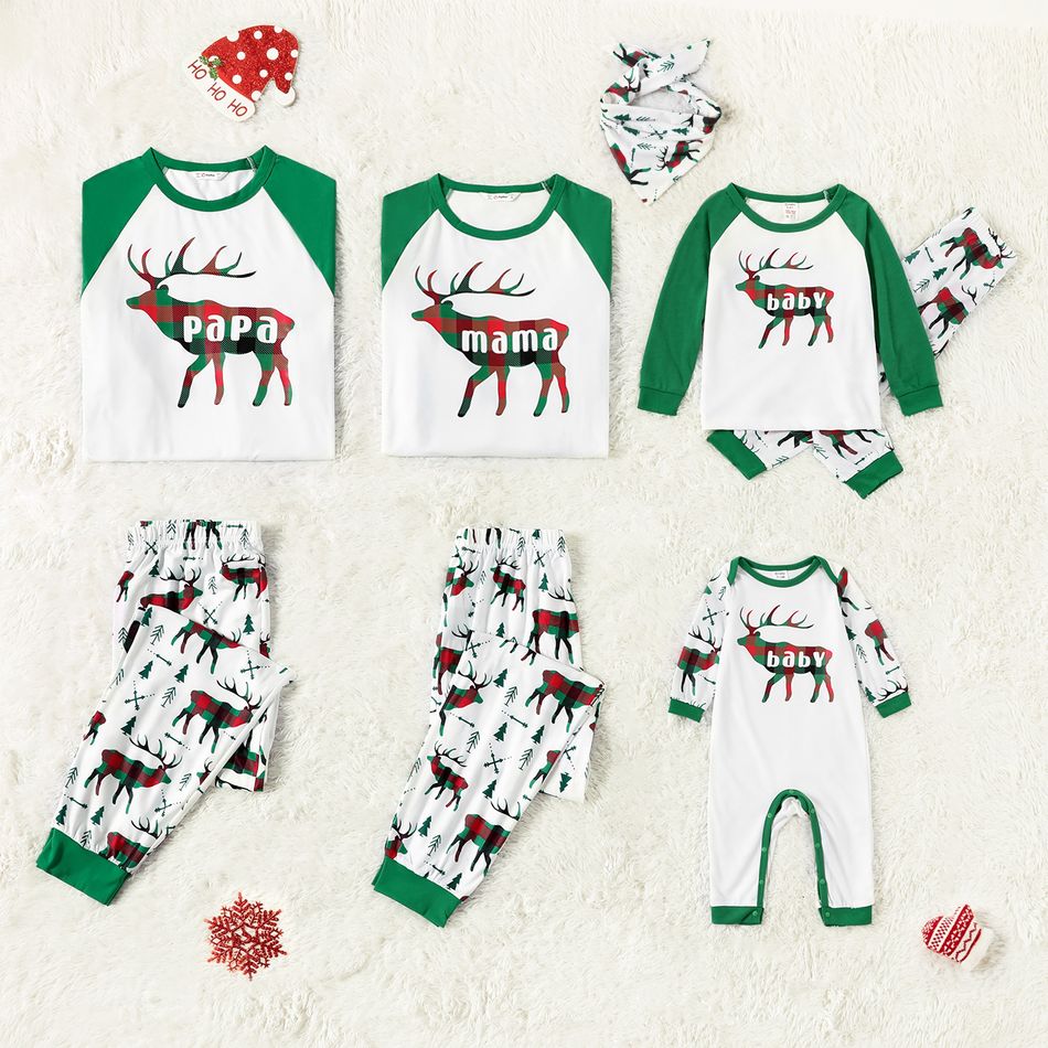 Christmas Reindeer and Letter Print Green Family Matching Long-sleeve Pajamas Set (Flame Resistant) Green/White