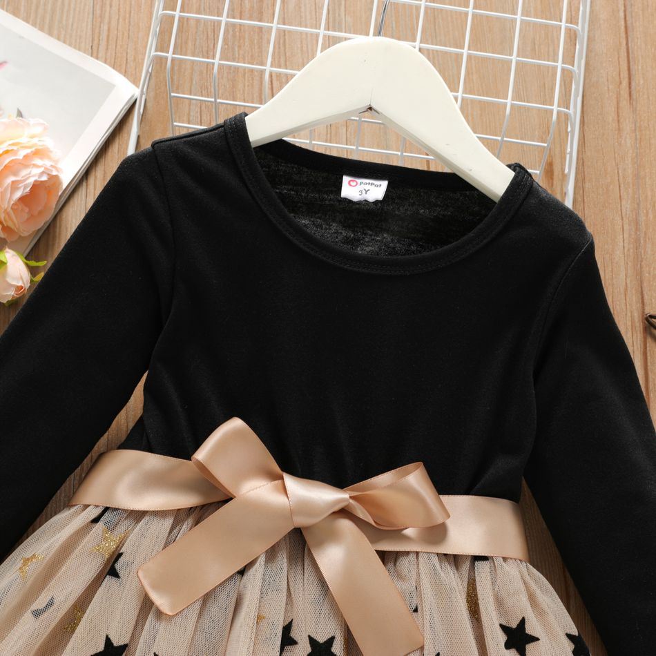 Toddler Girl Stars Glitter Design Mesh Splice Belted Long-sleeve Dress Black big image 3