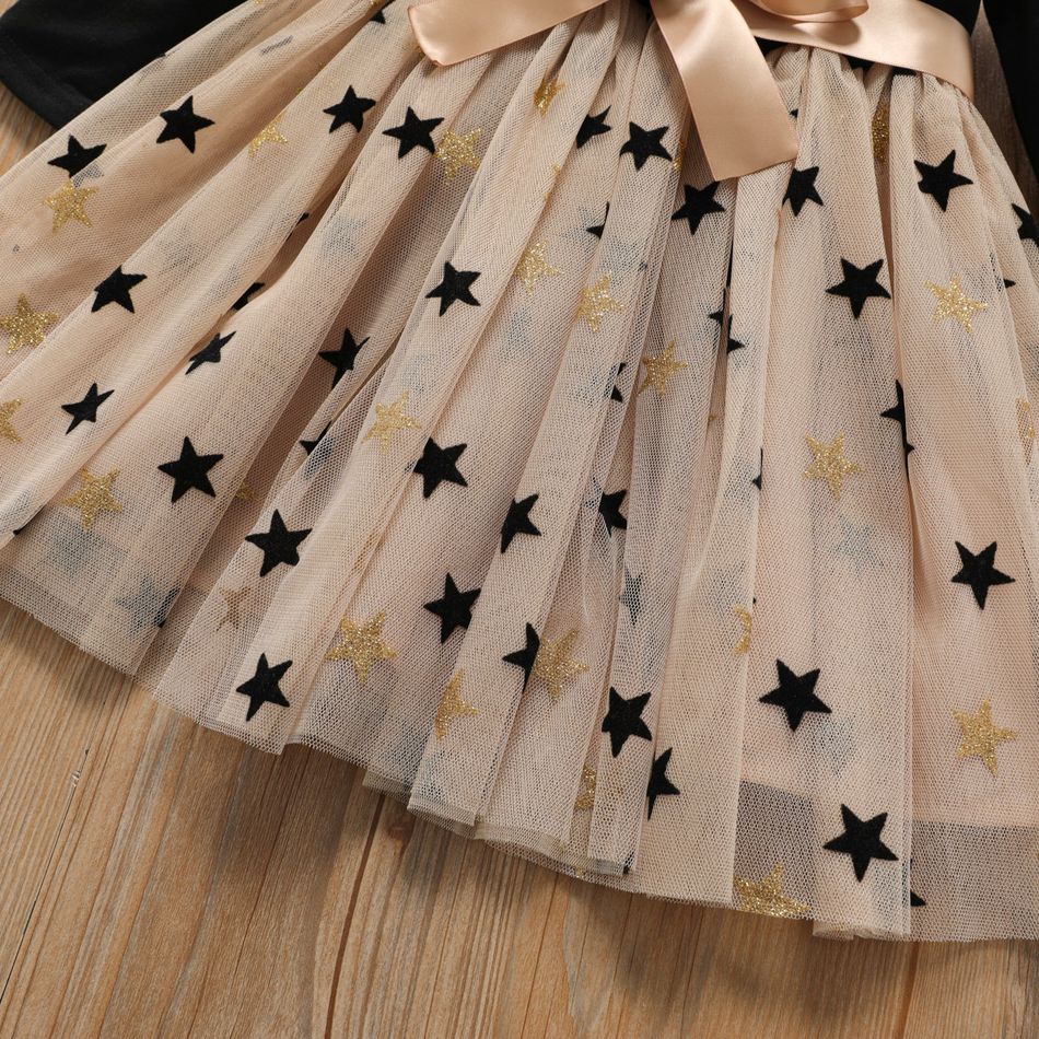 Toddler Girl Stars Glitter Design Mesh Splice Belted Long-sleeve Dress Black big image 4
