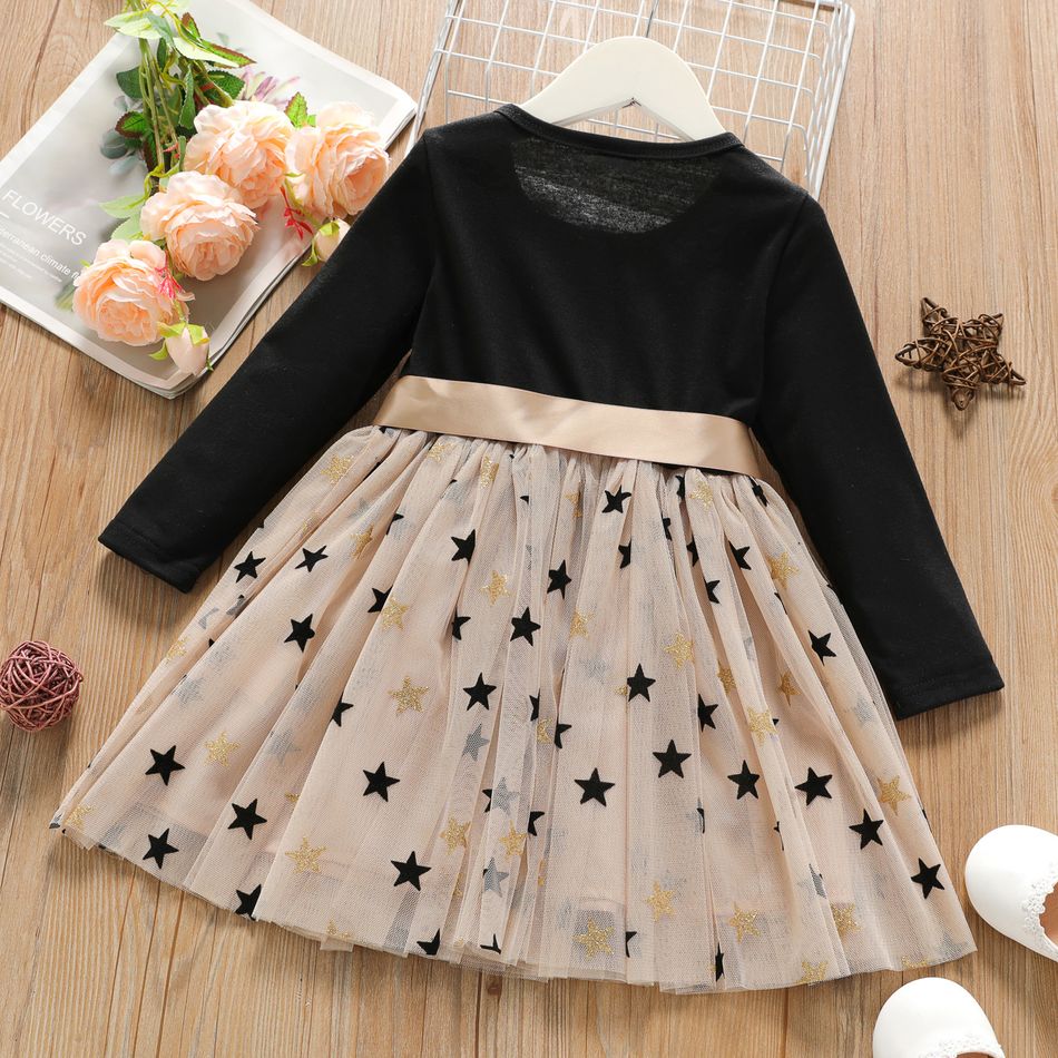 Toddler Girl Stars Glitter Design Mesh Splice Belted Long-sleeve Dress Black big image 2