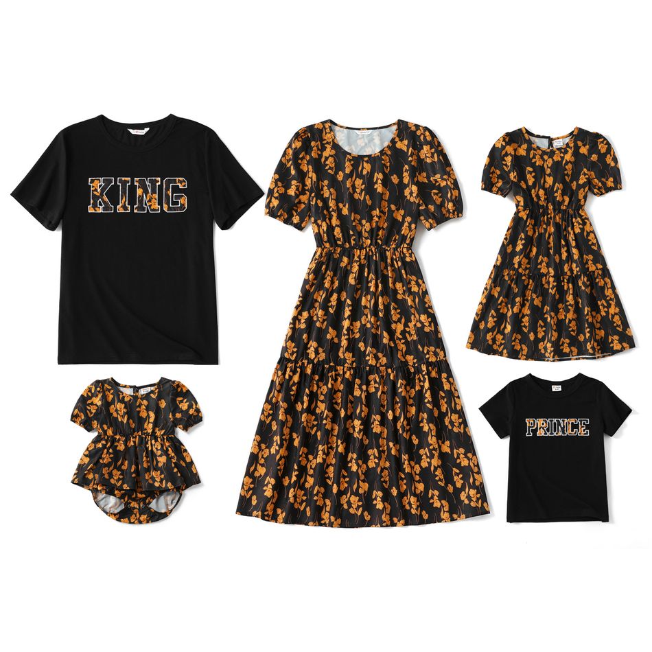 Family Matching Floral Print Black Short Puff Sleeve Dresses and Letter Embroidered T-shirts Sets Black