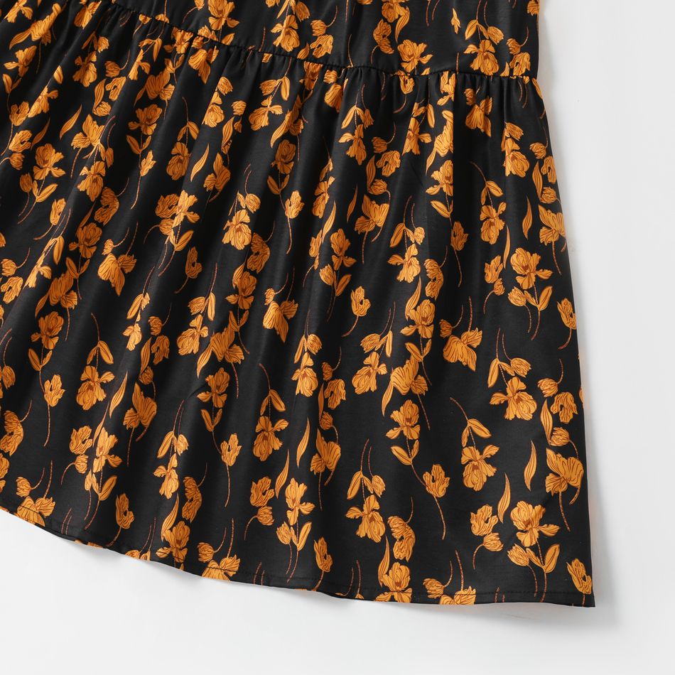 Family Matching Floral Print Black Short Puff Sleeve Dresses and Letter Embroidered T-shirts Sets Black big image 7