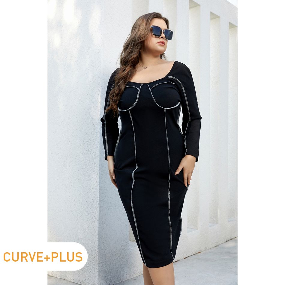 Women Plus Size Elegant Sweetheart Collar Top-stitching Backless Long-sleeve Dress Black