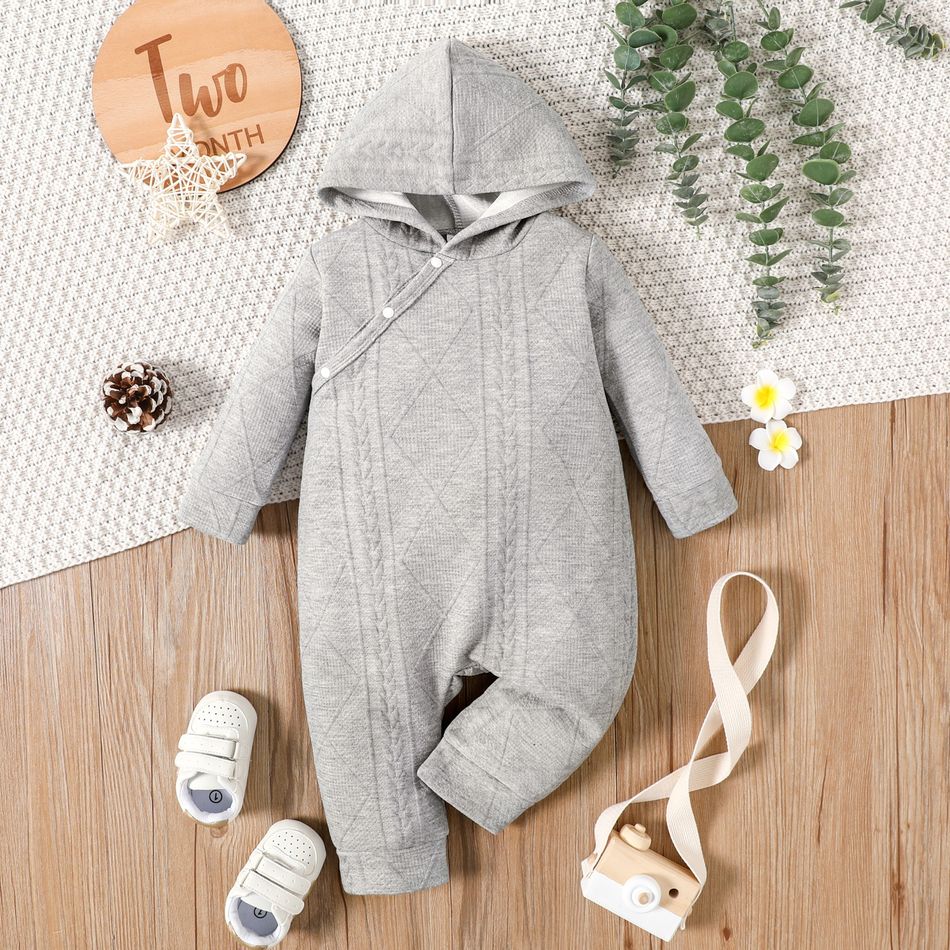 Baby Boy Solid Textured Long-sleeve Hooded Snap-up Jumpsuit Grey