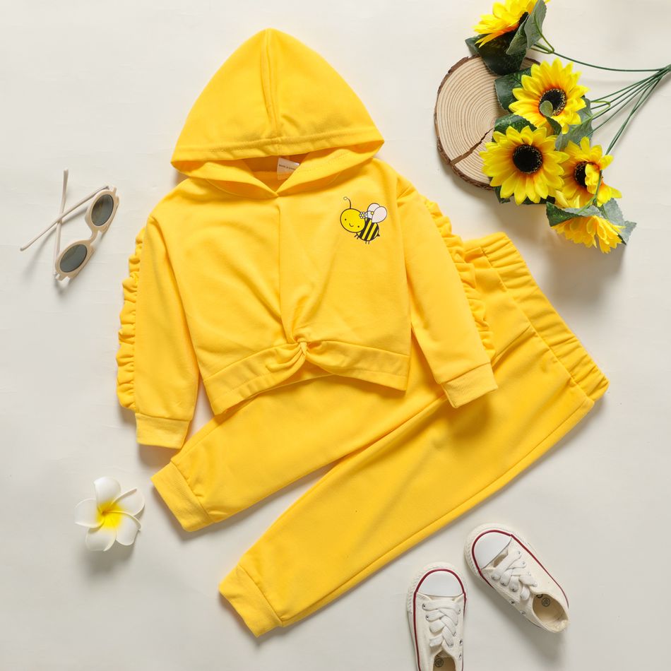 2-piece Toddler Ruffled Bee Print Twist Front Hoodie Sweatshirt and Elasticized Solid Color Pants Set Yellow