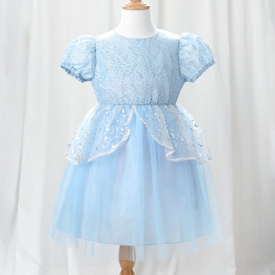 Kid Girl Short Puff-sleeve Lace Design Bronzing Print Mesh Princess Party Dress Sky blue