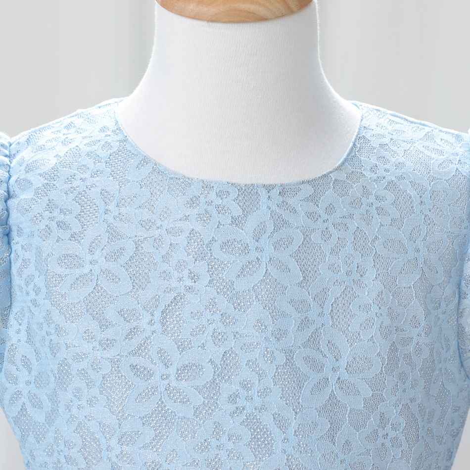 Kid Girl Short Puff-sleeve Lace Design Bronzing Print Mesh Princess Party Dress Sky blue big image 3