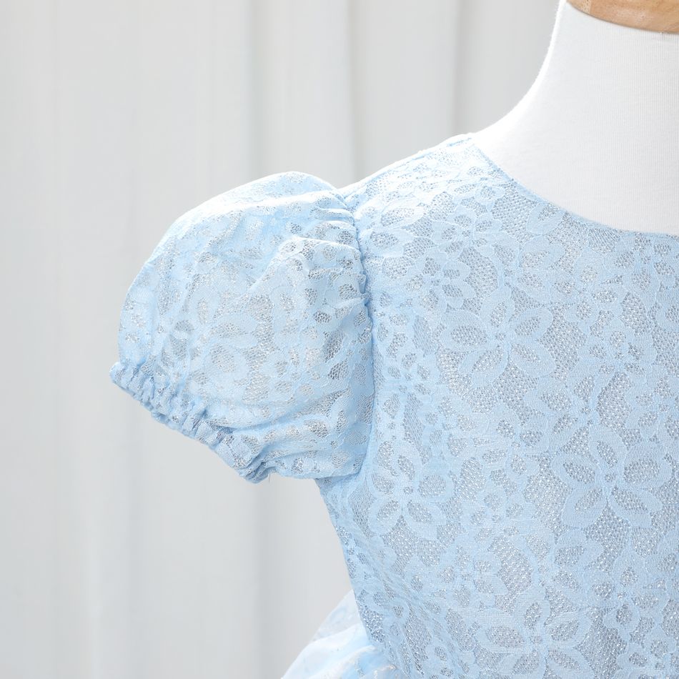 Kid Girl Short Puff-sleeve Lace Design Bronzing Print Mesh Princess Party Dress Sky blue big image 4