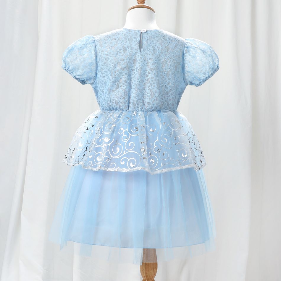 Kid Girl Short Puff-sleeve Lace Design Bronzing Print Mesh Princess Party Dress Sky blue