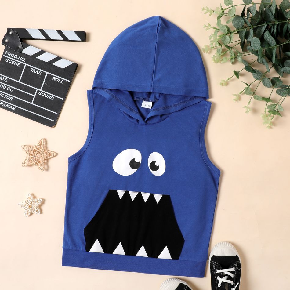 Kid Boy Shark Print Sleeveless Hooded Tank Top Blue