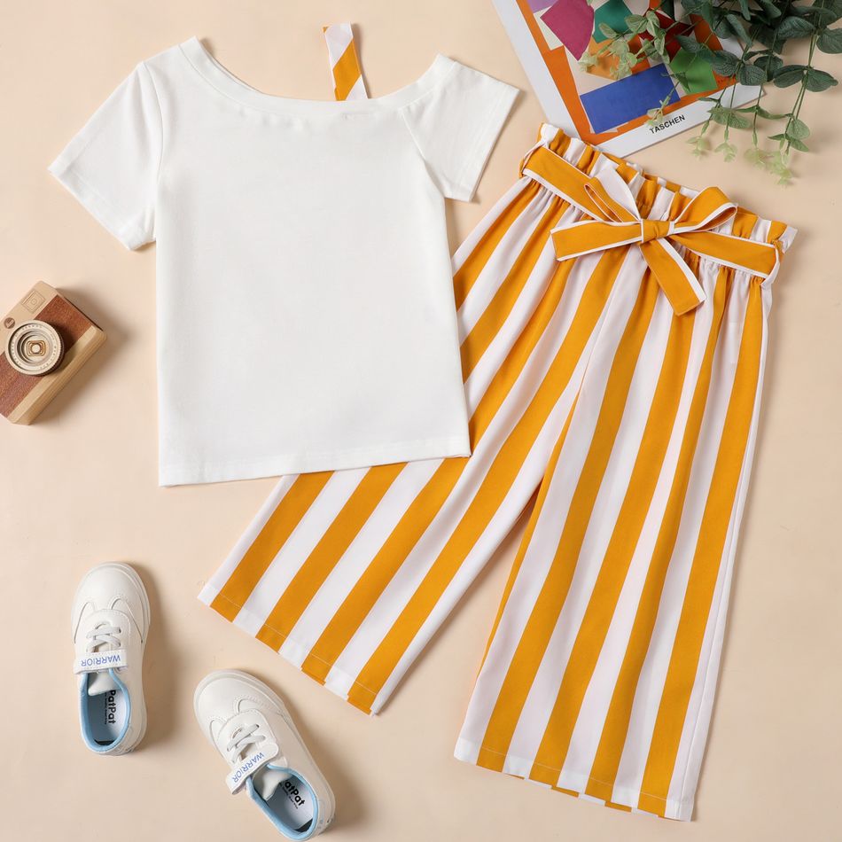 2-piece Kid Girl One Shoulder Strap Tee and Belted Stripe Paperbag Capri Pants Set White