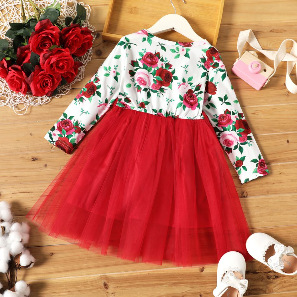 Toddler Girl Floral Print Bowknot Design Mesh Splice Long-sleeve Dress REDWHITE big image 2