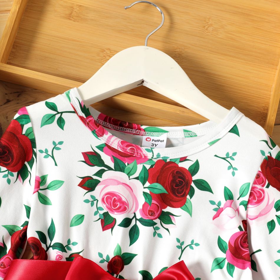 Toddler Girl Floral Print Bowknot Design Mesh Splice Long-sleeve Dress REDWHITE big image 3