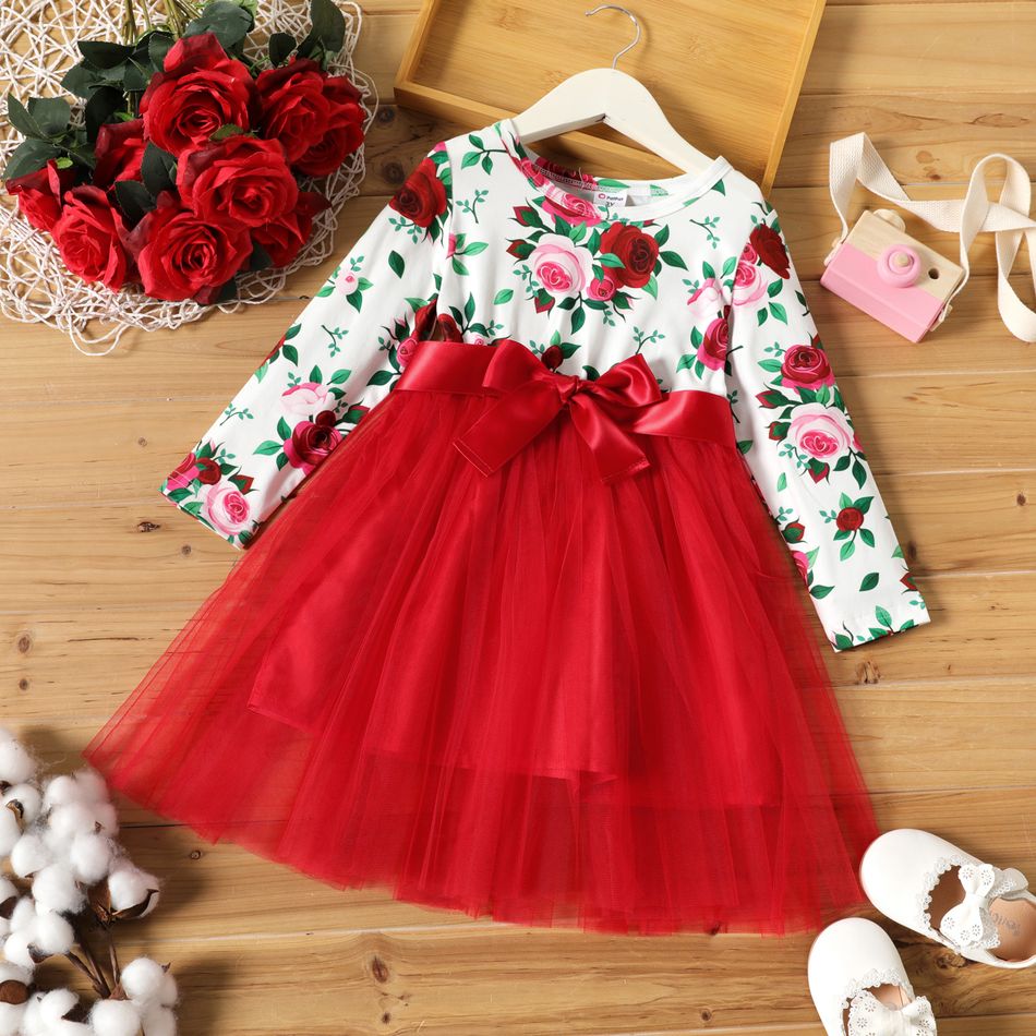 Toddler Girl Floral Print Bowknot Design Mesh Splice Long-sleeve Dress REDWHITE