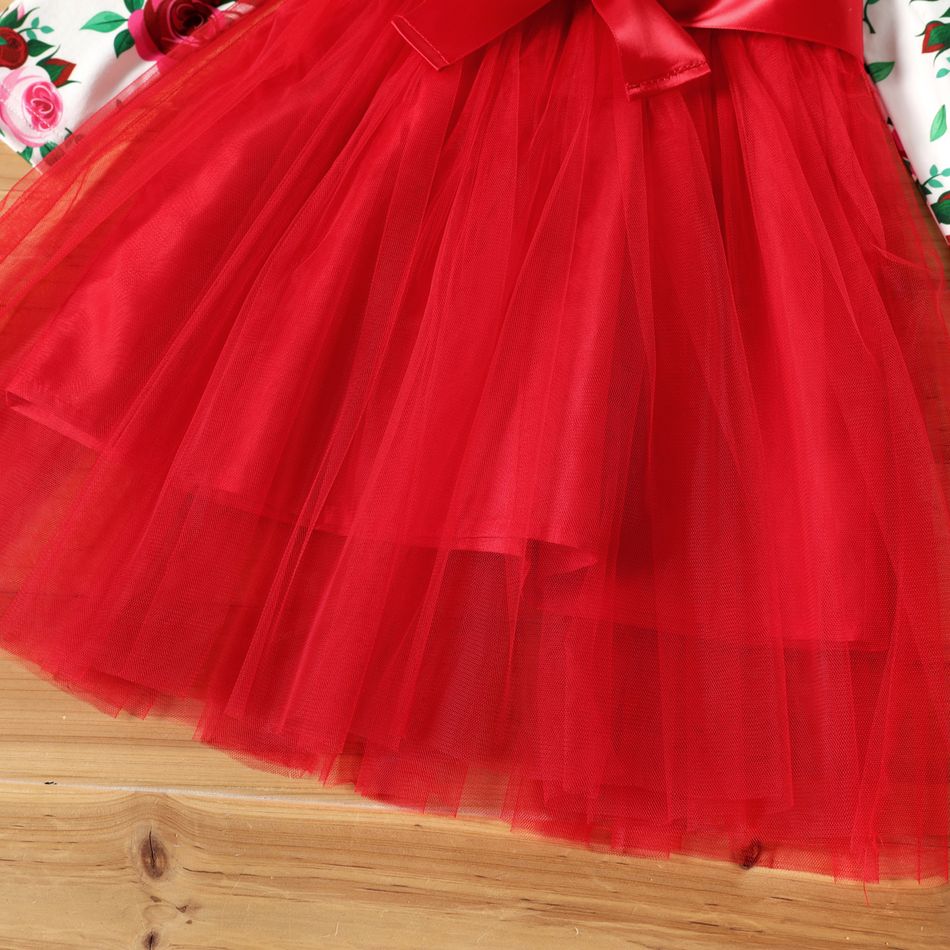 Toddler Girl Floral Print Bowknot Design Mesh Splice Long-sleeve Dress REDWHITE big image 4