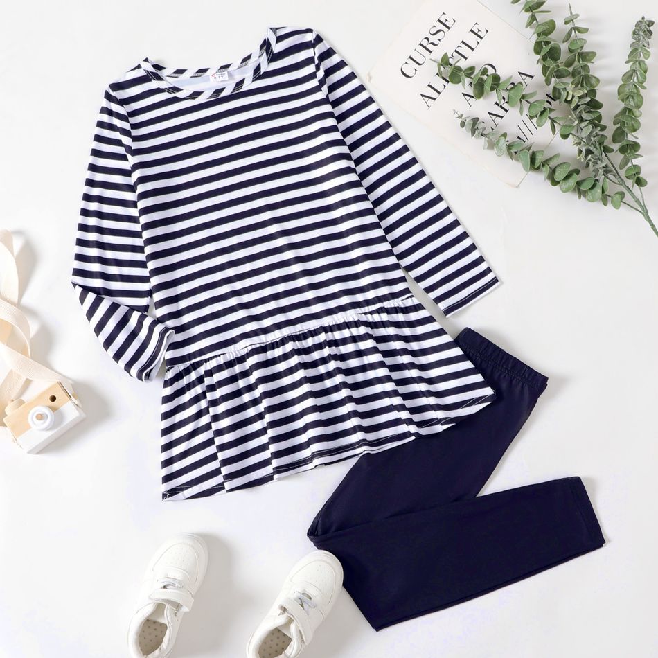 2-piece Kid Girl Stripe Long-sleeve Tee and Solid Color Elasticized Leggings Set Dark Blue/white