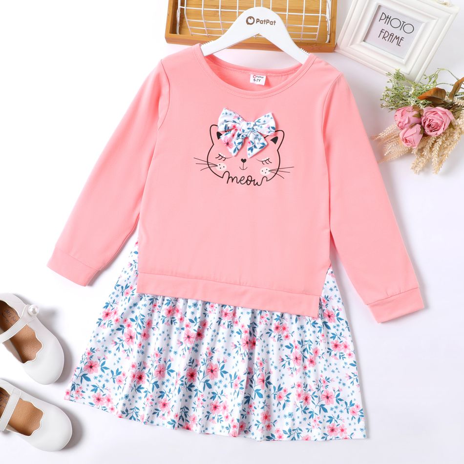 Kid Girl Faux-two Bowknot Design Cat Print Side Slit Floral Print Splice Long-sleeve Dress Pink