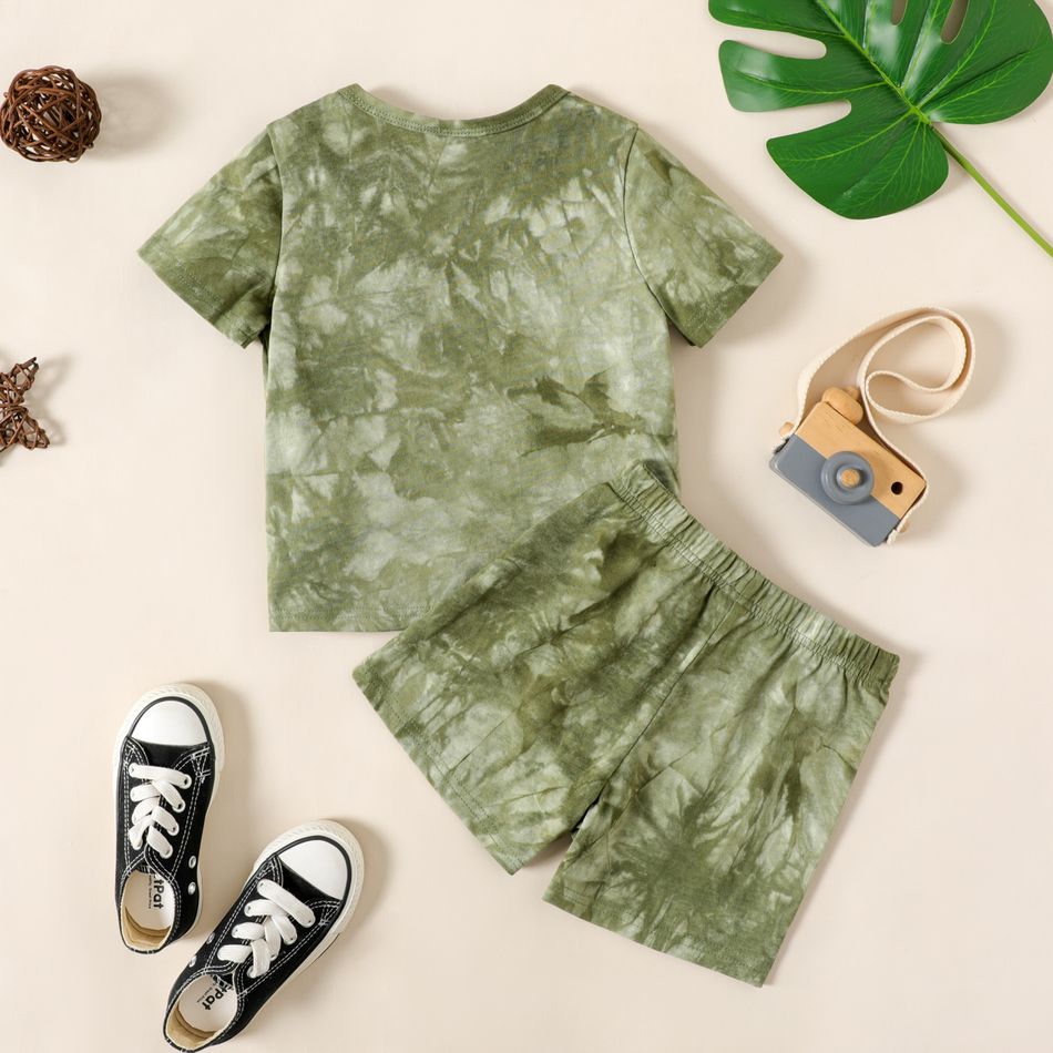 2-piece Toddler Boy 100% Cotton Tie Dyed Short-sleeve Tee and Elasticized Shorts Set Army green big image 3