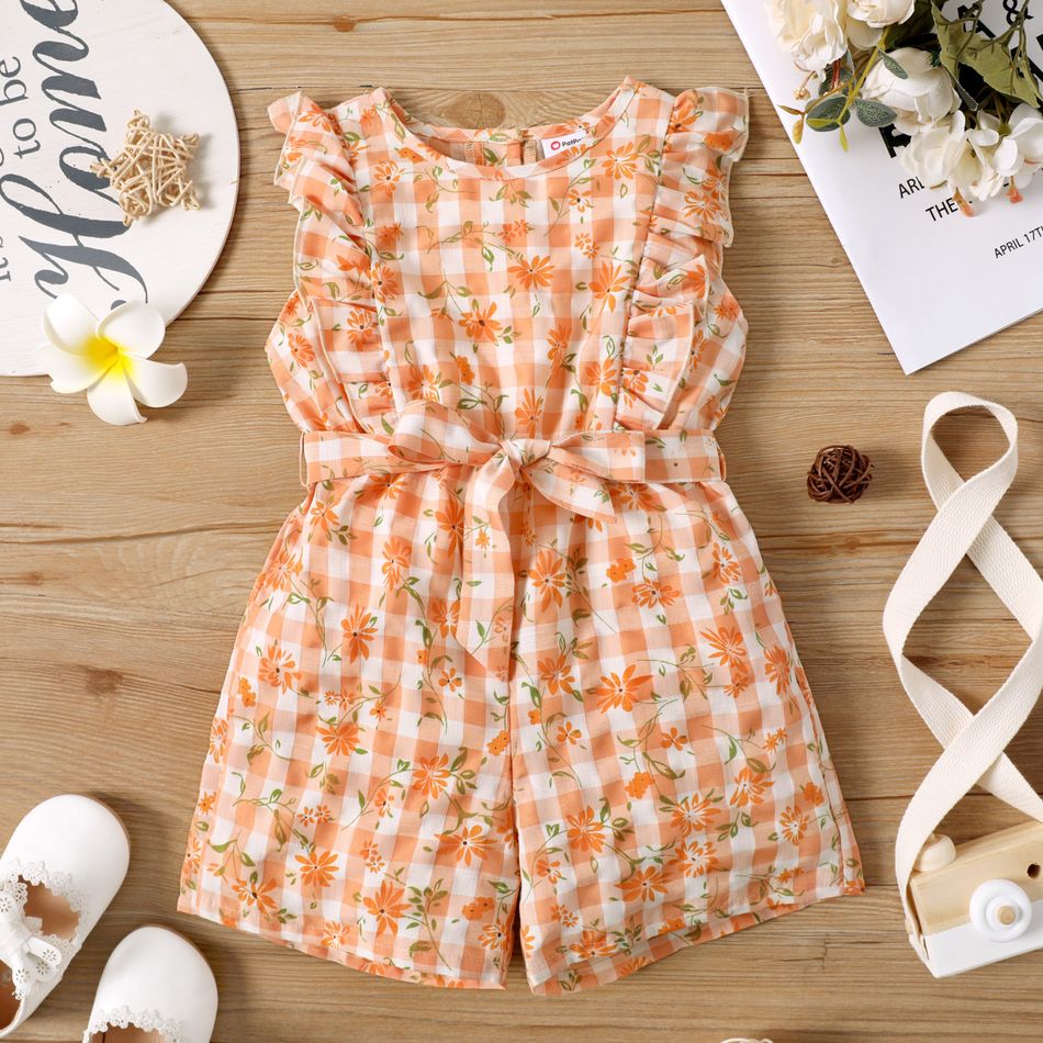 Toddler Girl Floral Print Plaid Ruffled Button Design Sleeveless Belted Romper Orange big image 1