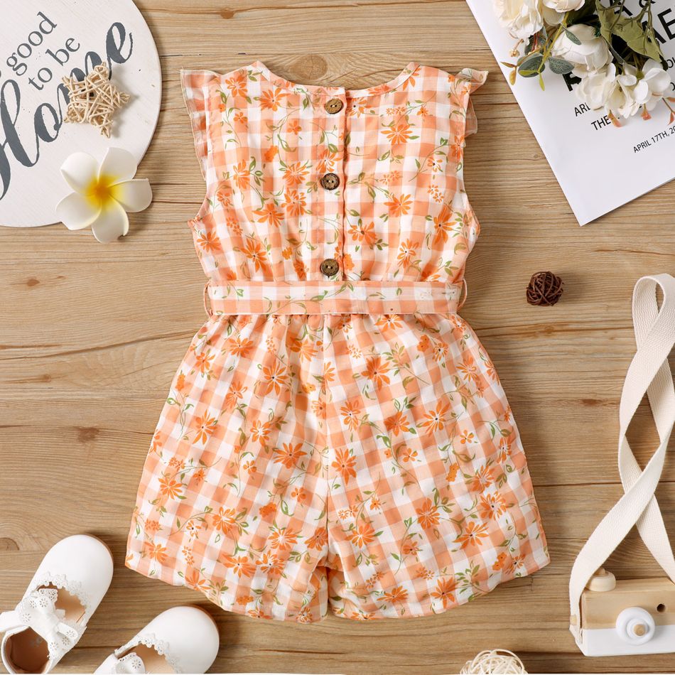 Toddler Girl Floral Print Plaid Ruffled Button Design Sleeveless Belted Romper Orange big image 2