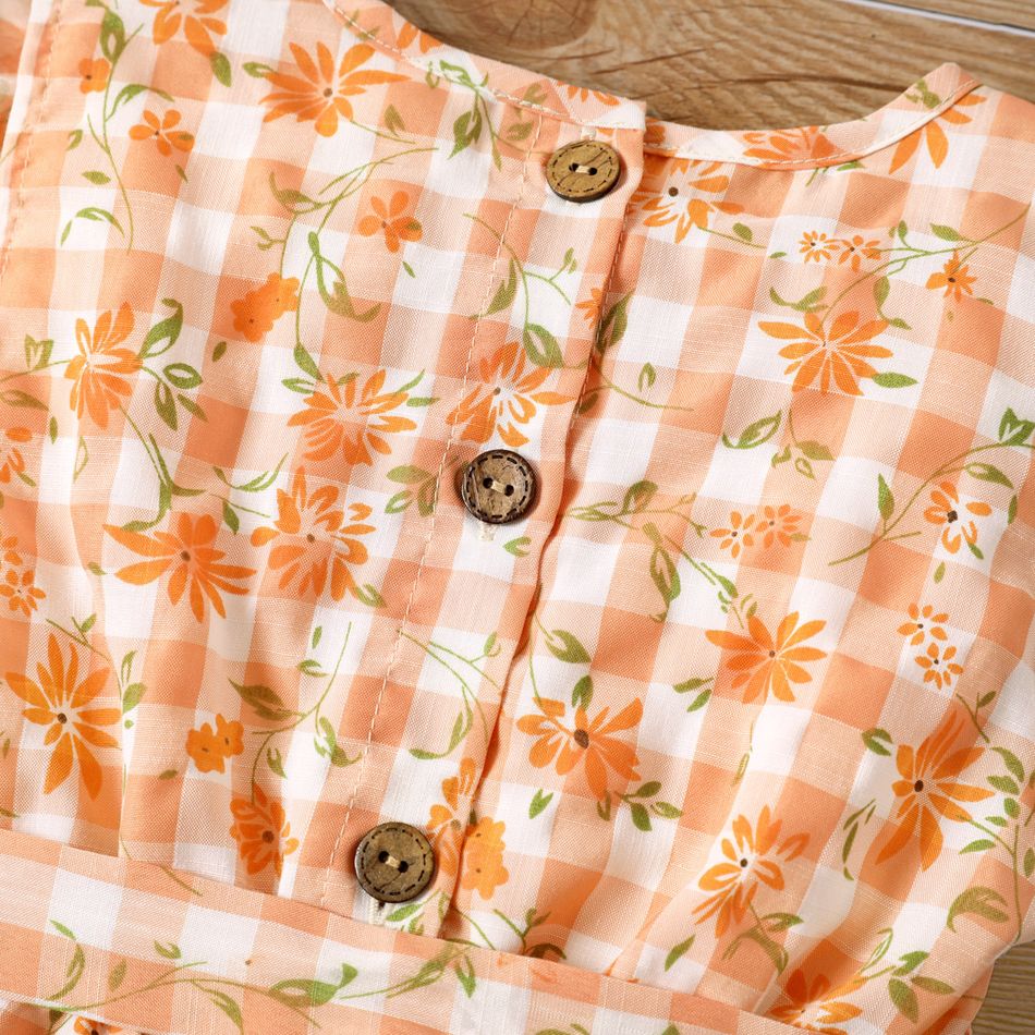 Toddler Girl Floral Print Plaid Ruffled Button Design Sleeveless Belted Romper Orange big image 4