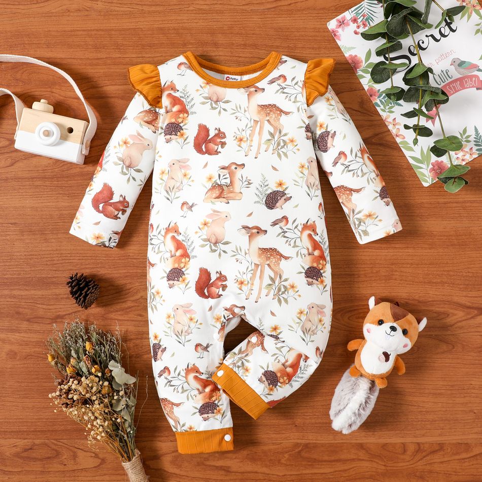 Baby Girl All Over Animal Print Ruffle Long-sleeve Jumpsuit Color block