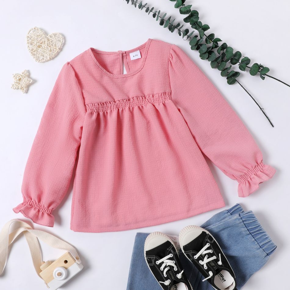 Kid Girl Smocked Ruffled Long-sleeve Solid Color Blouse Pink