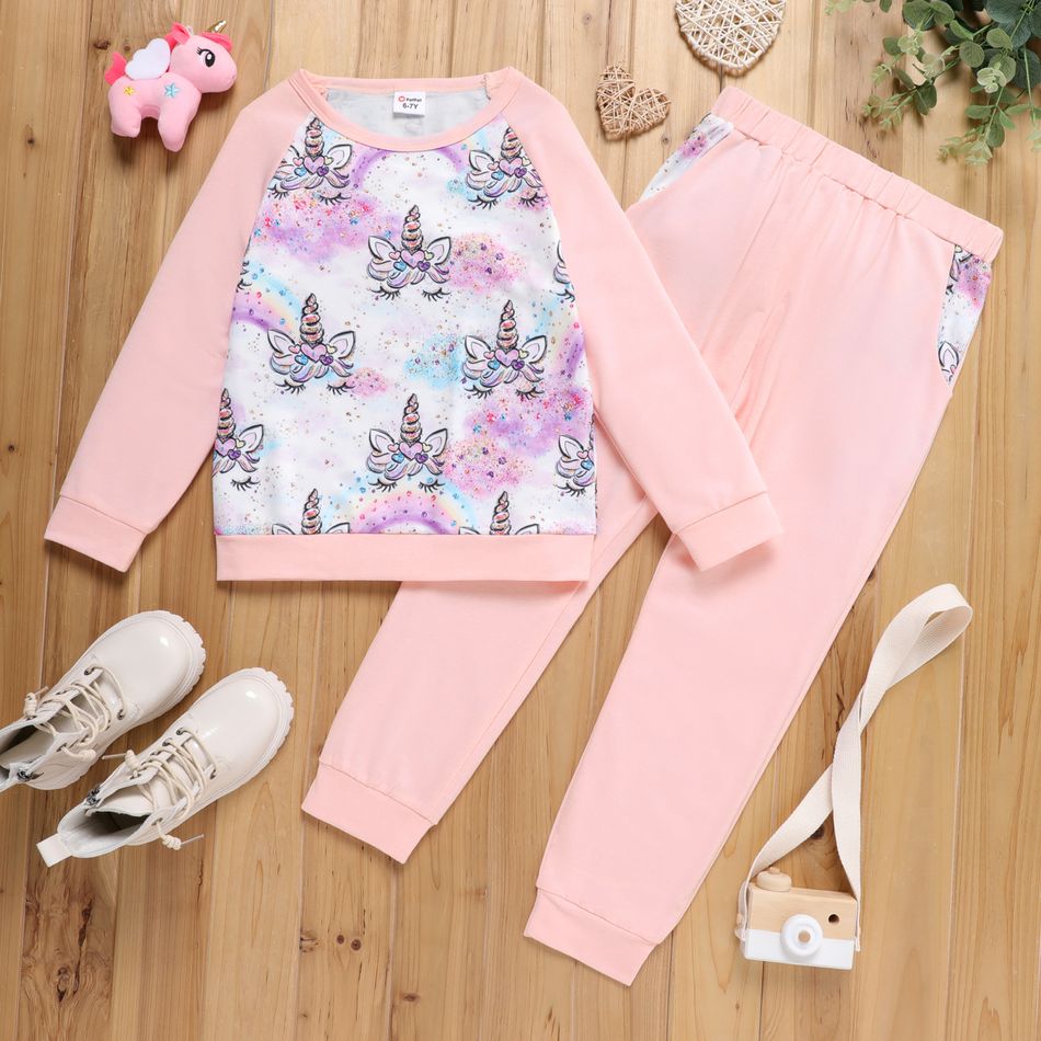 2-piece Kid Girl Unicorn Print Raglan Sleeve Sweatshirt and Pink Pants Set Multi-color