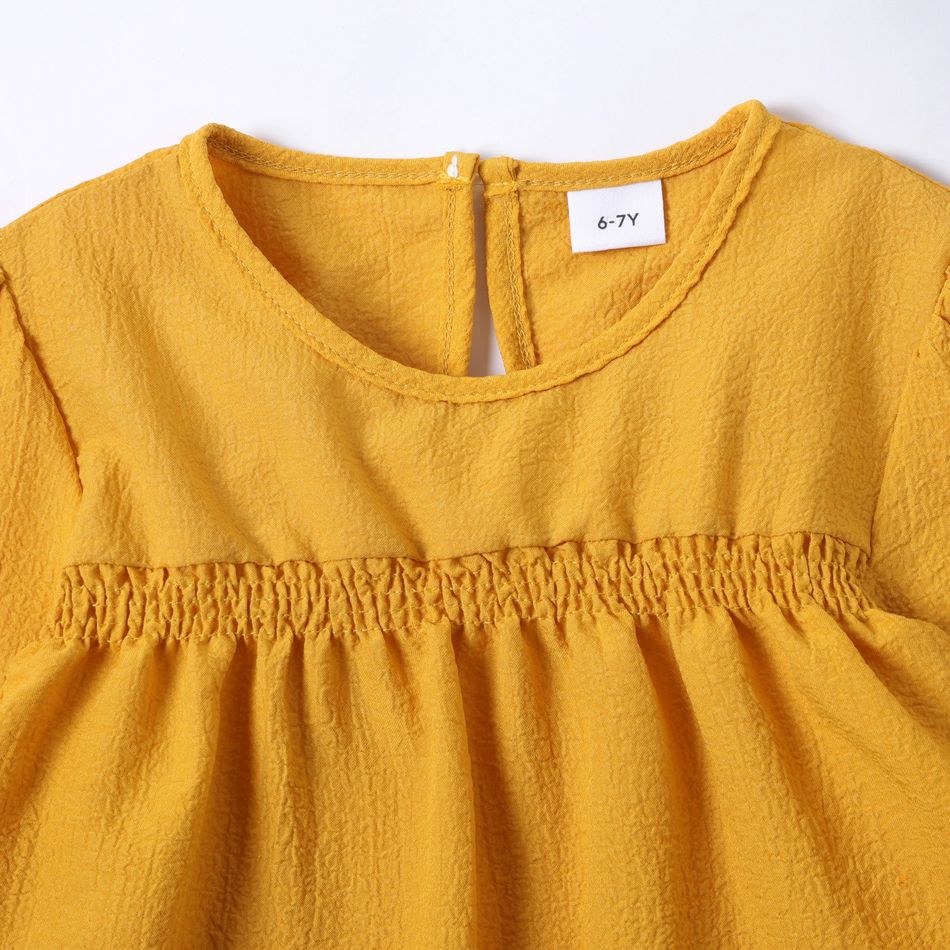 Kid Girl Smocked Ruffled Long-sleeve Solid Color Blouse Yellow big image 3