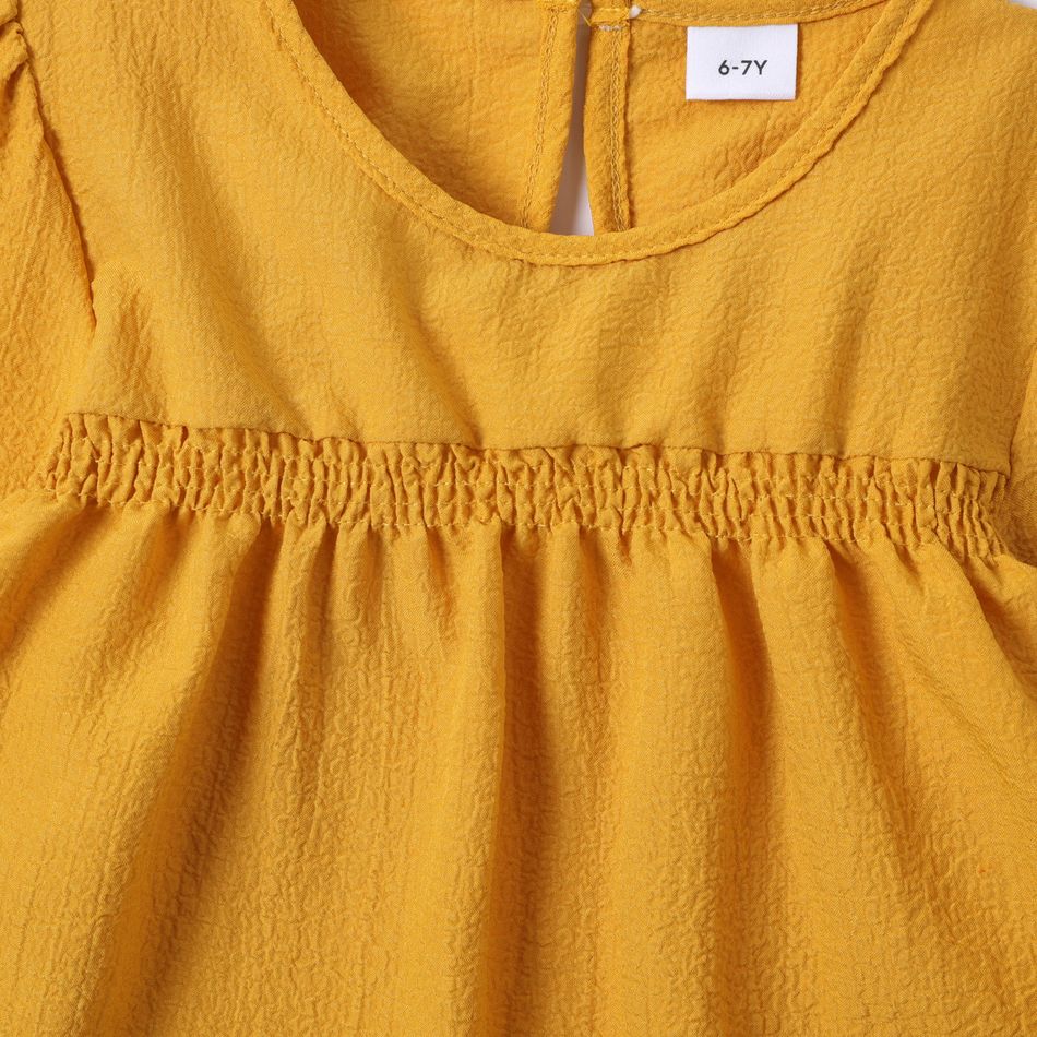 Kid Girl Smocked Ruffled Long-sleeve Solid Color Blouse Yellow big image 4