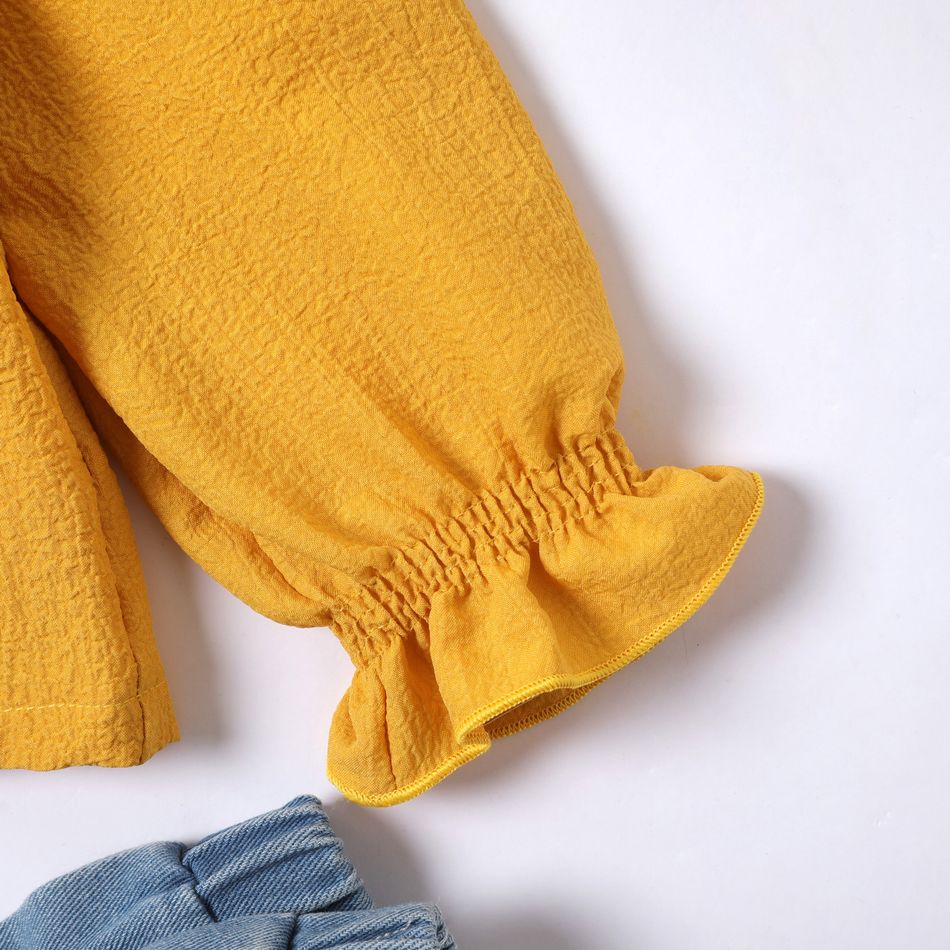 Kid Girl Smocked Ruffled Long-sleeve Solid Color Blouse Yellow big image 5
