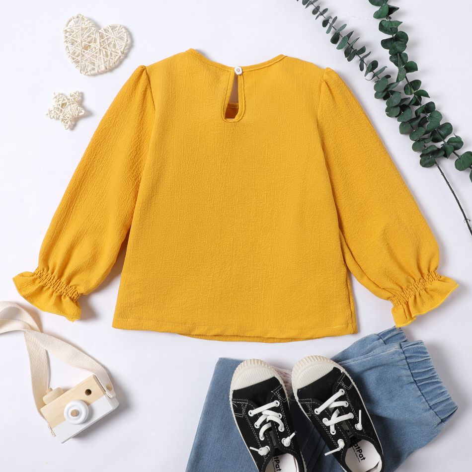 Kid Girl Smocked Ruffled Long-sleeve Solid Color Blouse Yellow big image 2