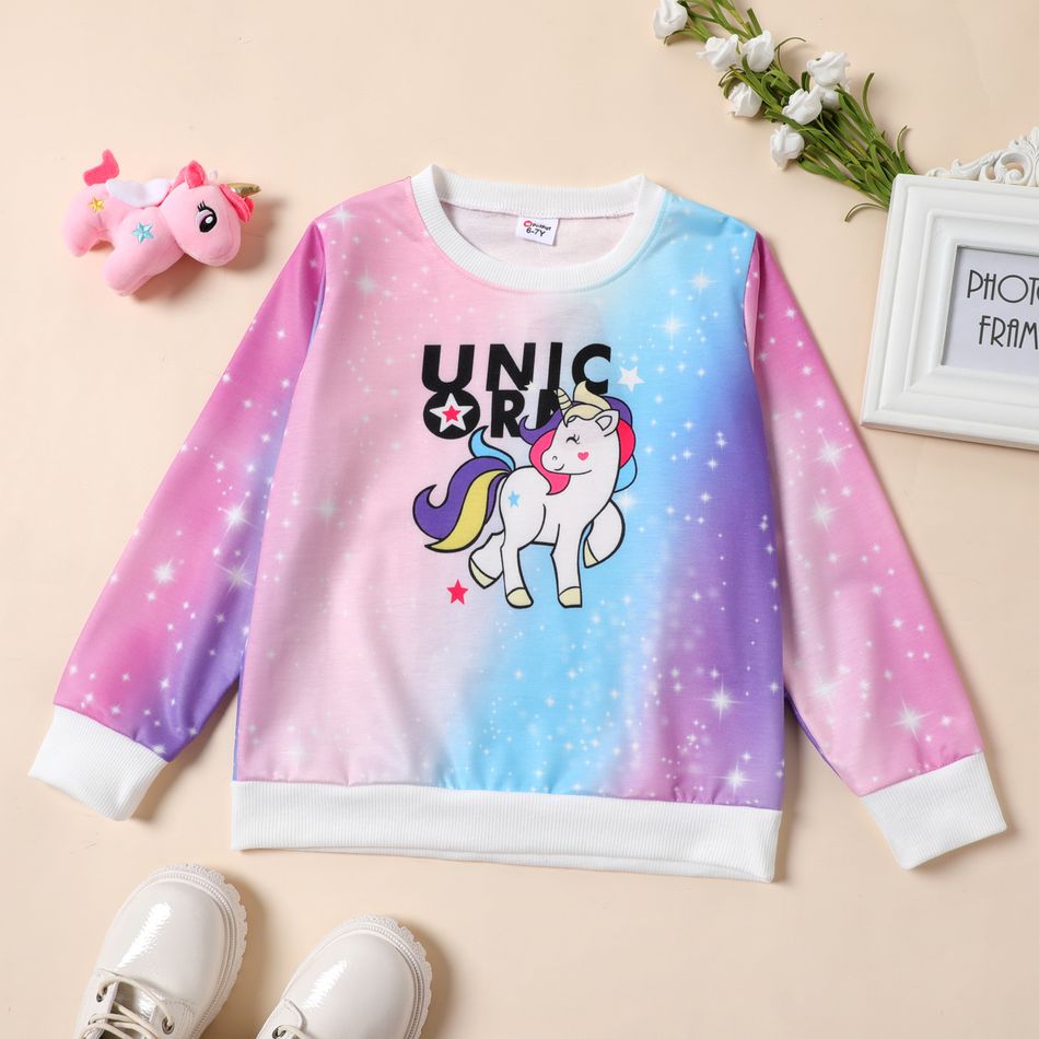 Kid Girl Gradient Color Butterfly/Unicorn Letter Print Pullover Sweatshirt Creamy White