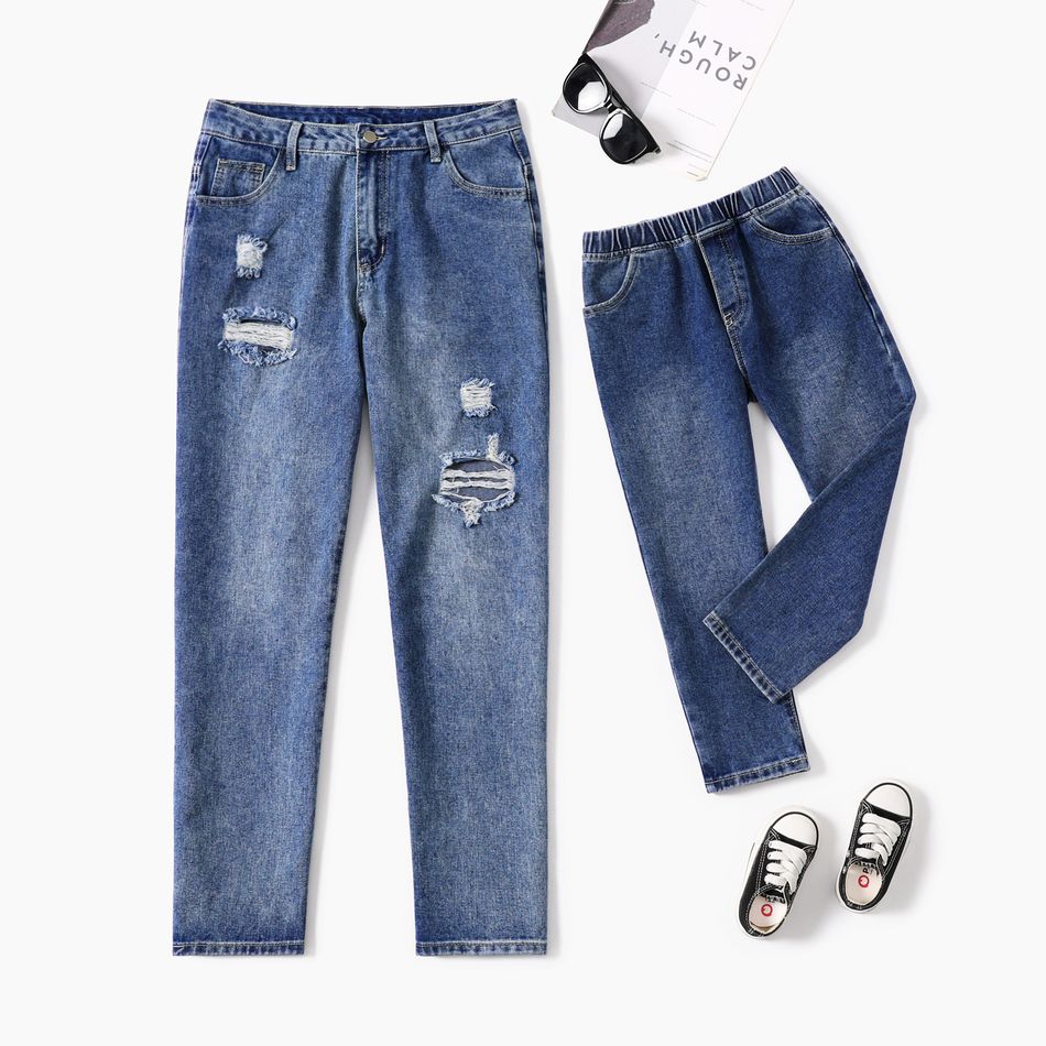 Blue Distressed Ripped Hole Jeans Straight Fit Denim Pants for Mom and Me DENIMBLUE