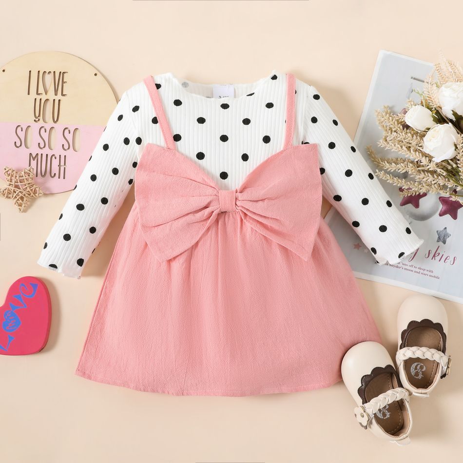 Baby Girl Polka Dots Ribbed Long-sleeve Bowknot Faux-two Dress Pink