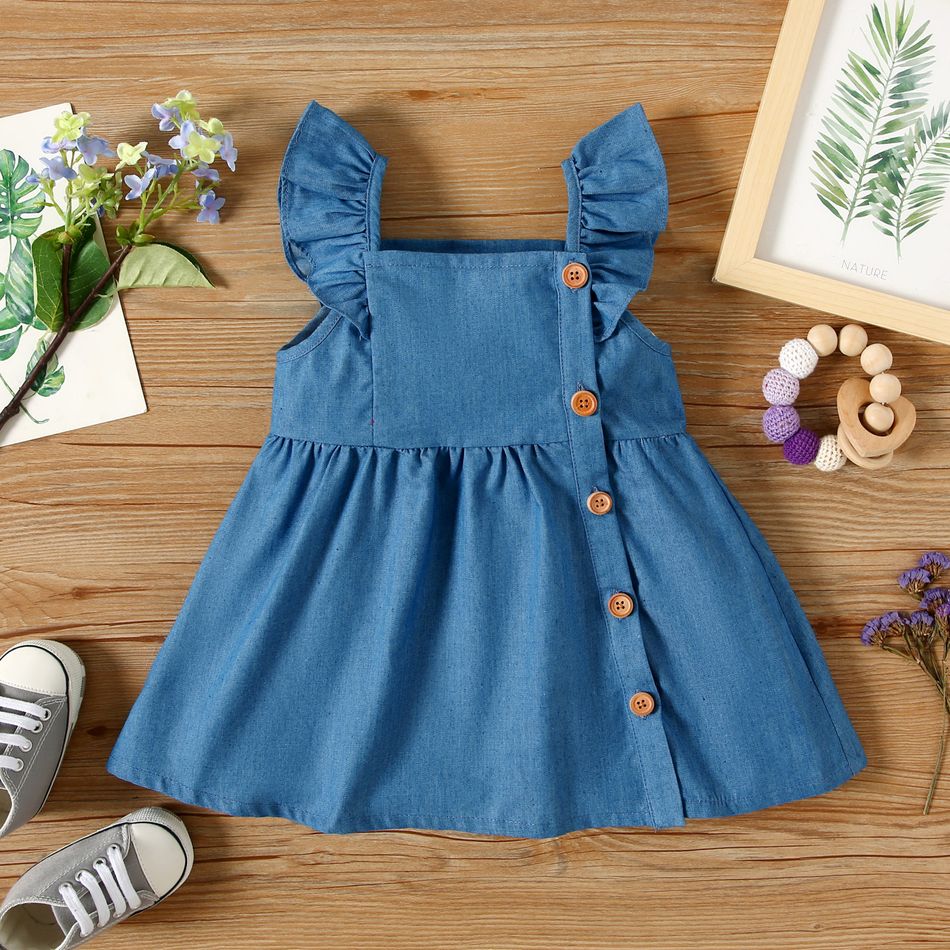 Baby Girl All Over Floral Print/Solid Flutter-sleeve Button Up Dress Blue