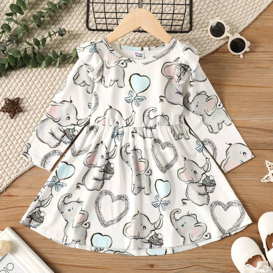 Toddler Girl Heart Elephant Print Ruffled Long-sleeve Ribbed Dress White