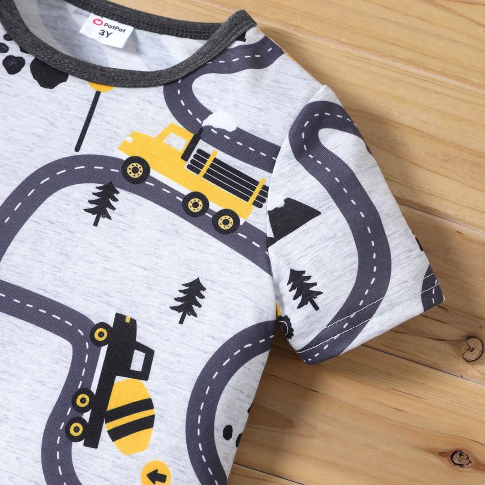2-piece Toddler Boy Road Vehicle Print Short-sleeve Tee and Elasticized Grey Shorts Set flowergrey big image 3