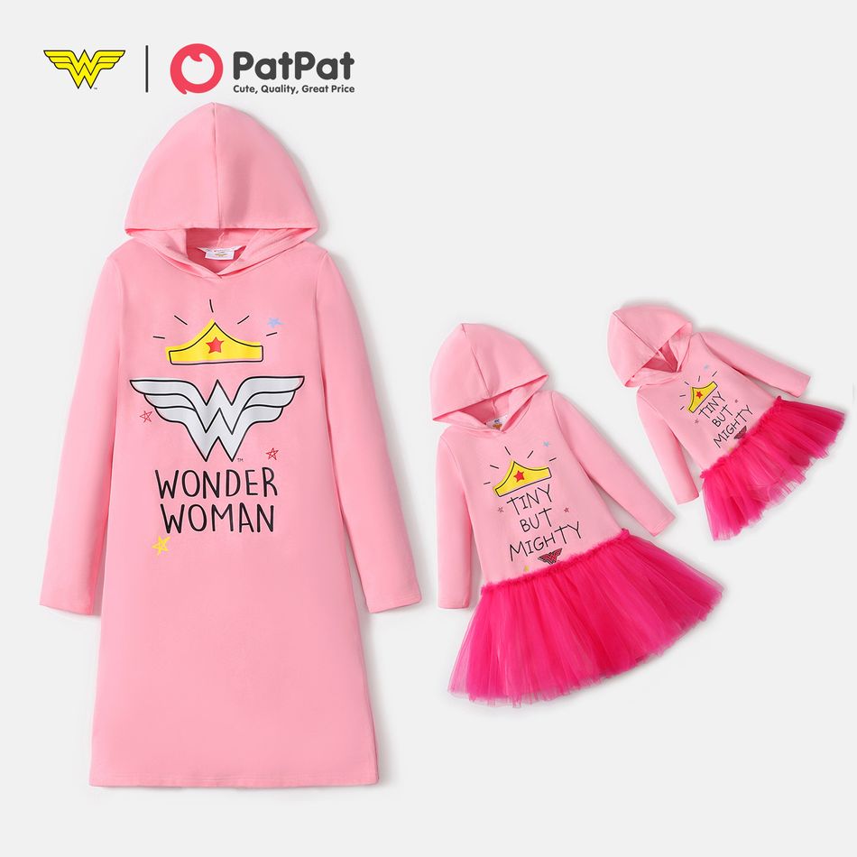 Wonder Woman Mommy and Me Graphic Cotton Hooded Dresses Pink