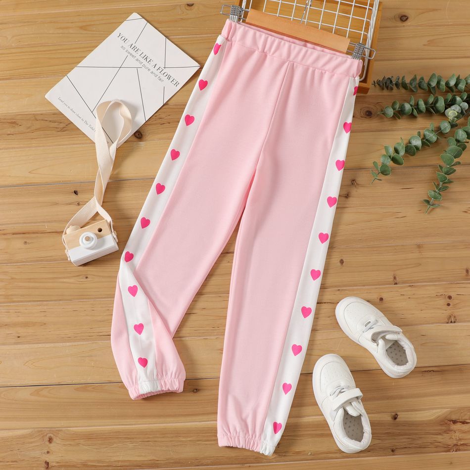 Kid Girl Side Heart Print Elasticized Colorblock Pants Light Pink