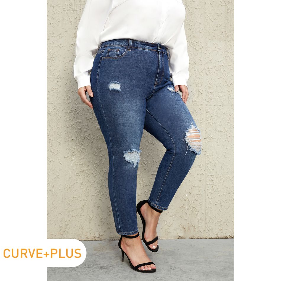 Women Plus Size Casual Ripped Denim Skinny Jeans Deep Blue