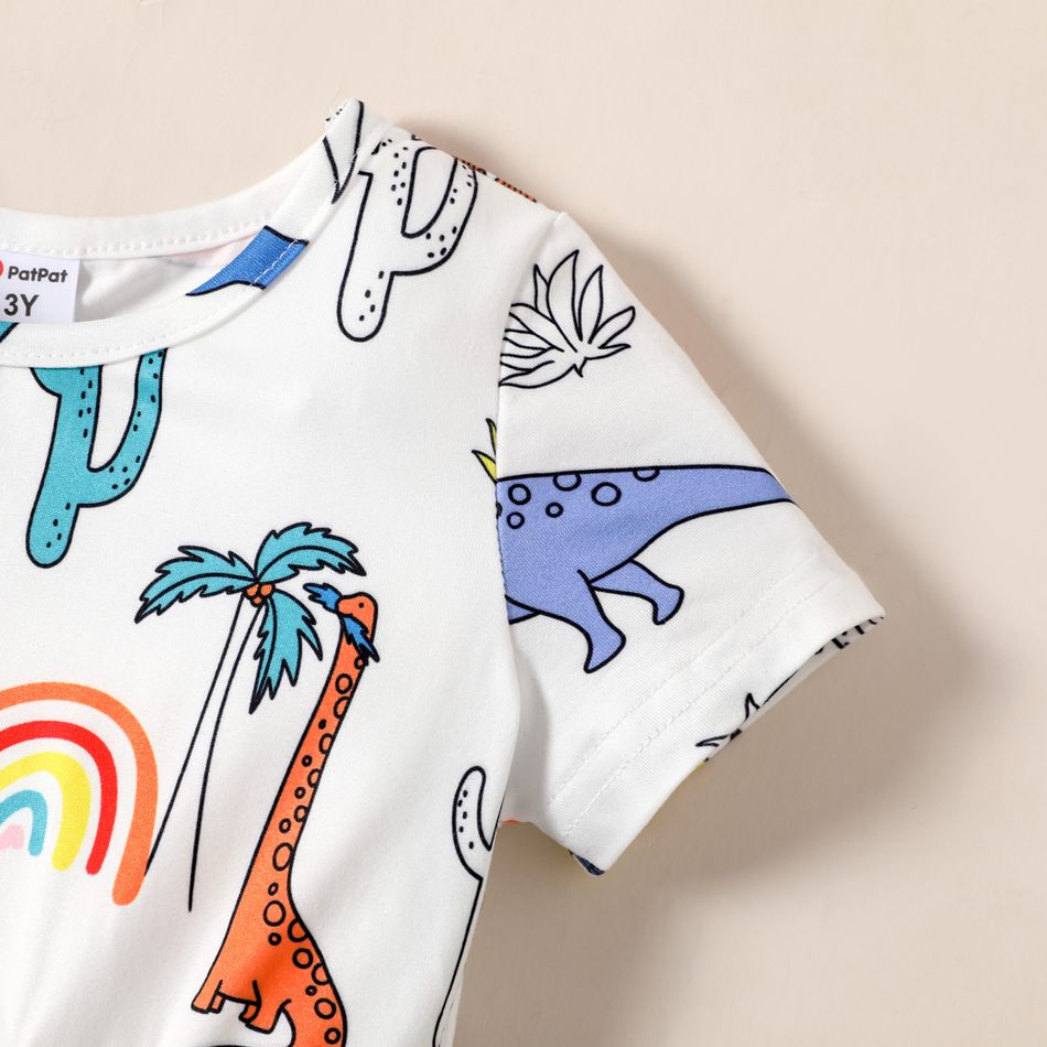 Toddler Girl Dinosaur Rainbow Cactus Print Short-sleeve Dress White big image 3