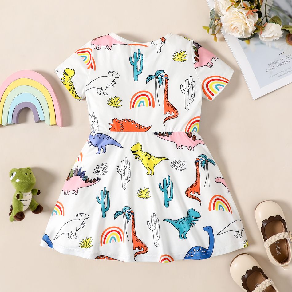 Toddler Girl Dinosaur Rainbow Cactus Print Short-sleeve Dress White big image 2