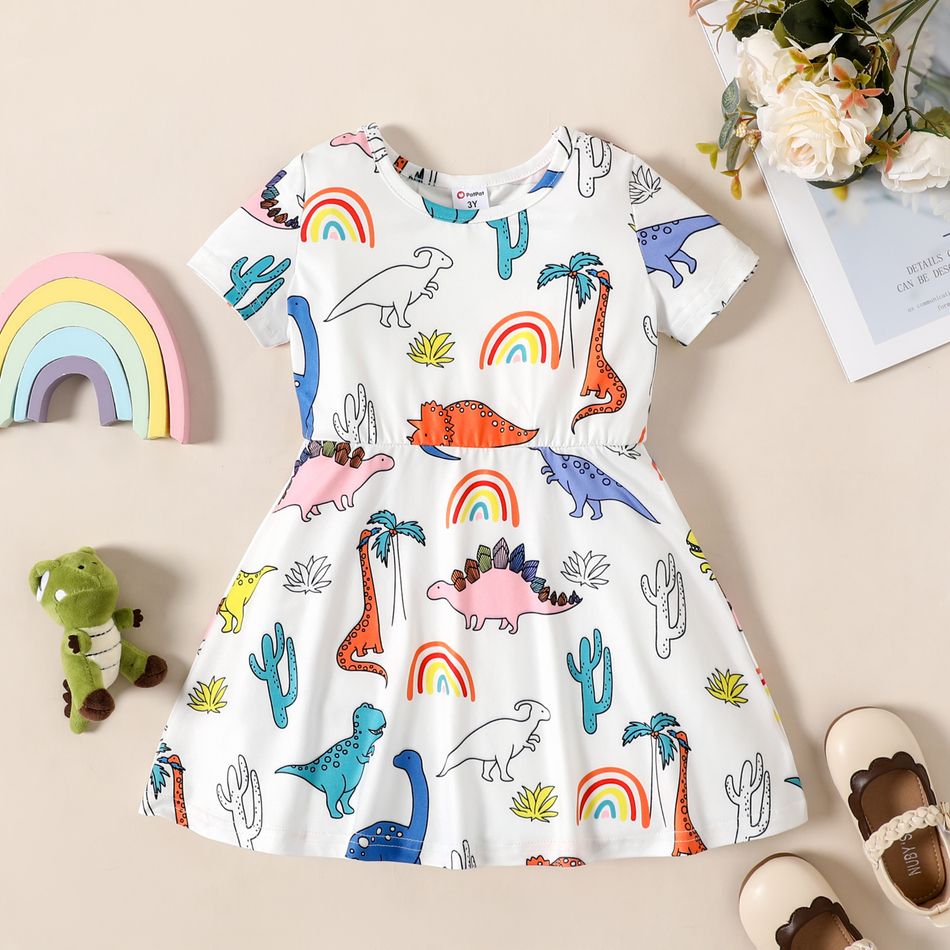 Toddler Girl Dinosaur Rainbow Cactus Print Short-sleeve Dress White big image 1
