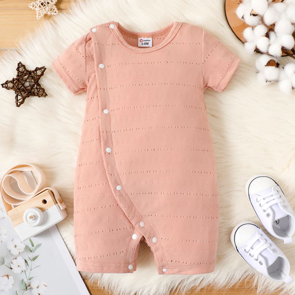 Baby Girl Solid Short-sleeve Hollow Out Snap-up Romper Pink big image 1