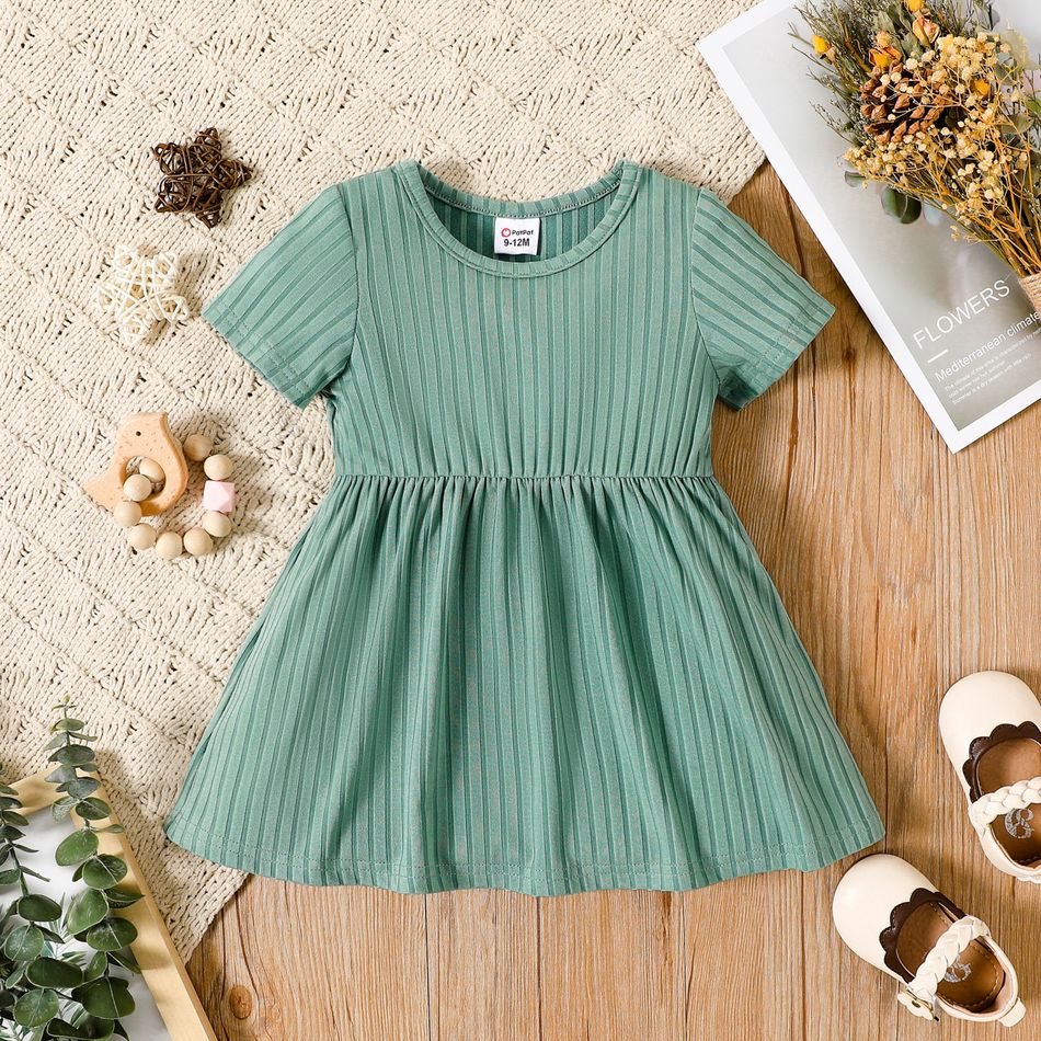 Baby Girl All Over Rabbit Print/Solid Ribbed Short-sleeve Dress GrayGreen big image 1